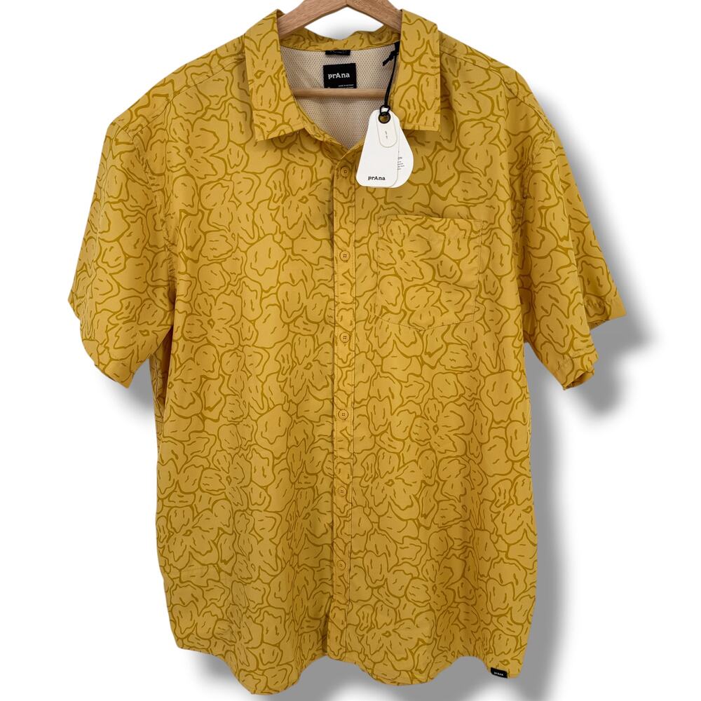 Prana Lost Sol Printed Short Sleeve Button Front Shirt Sz XL Pollen Feelings